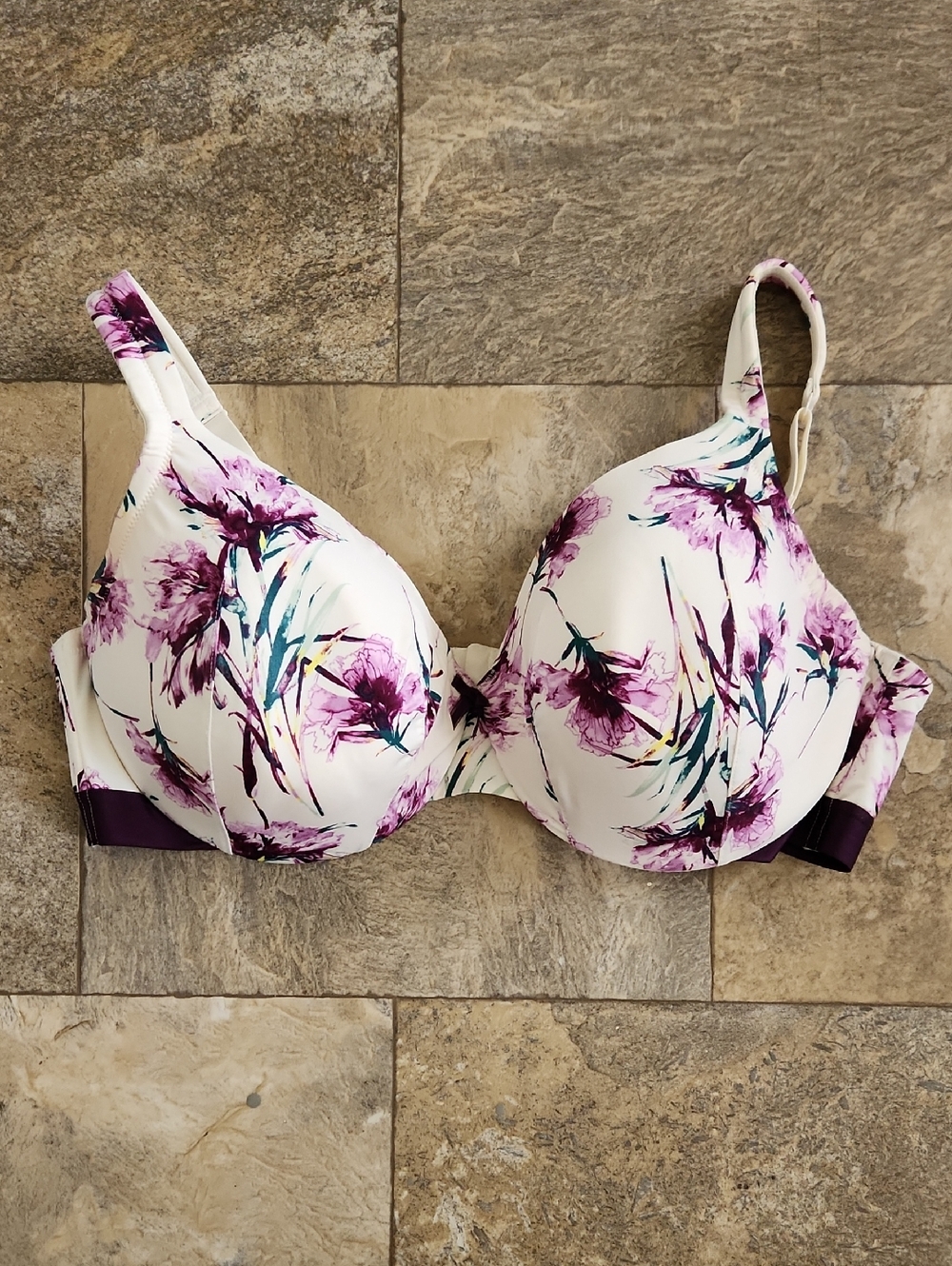 Cacique White Bra with Purple Floral Print